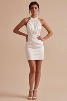 Load image into Gallery viewer, Keyhole Halter Short Ruched Tight White Graduation Dress