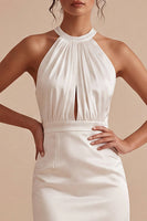 Load image into Gallery viewer, Keyhole Halter Short Ruched Tight White Graduation Dress