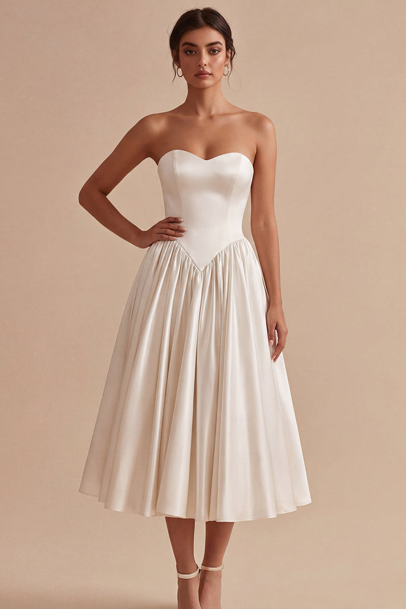 Queendancer Women Satin White Maxi Engagement Dress Sweetheart A Line