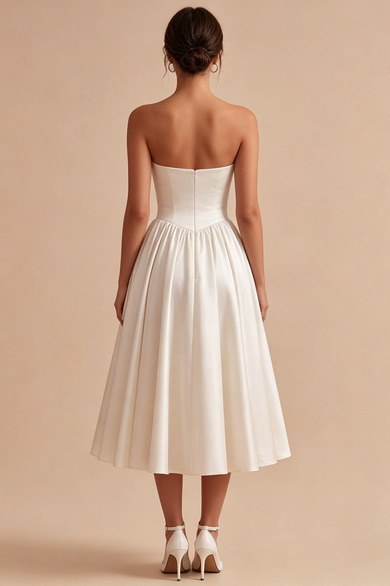 Queendancer Women Satin White Maxi Engagement Dress Sweetheart A Line