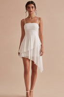 Load image into Gallery viewer, Ruched White Spaghetti Straps Asymmetrical A Line Graduation Dress with Ruffles