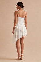 Load image into Gallery viewer, Ruched White Spaghetti Straps Asymmetrical A Line Graduation Dress with Ruffles