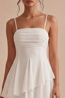 Load image into Gallery viewer, Ruched White Spaghetti Straps Asymmetrical A Line Graduation Dress with Ruffles