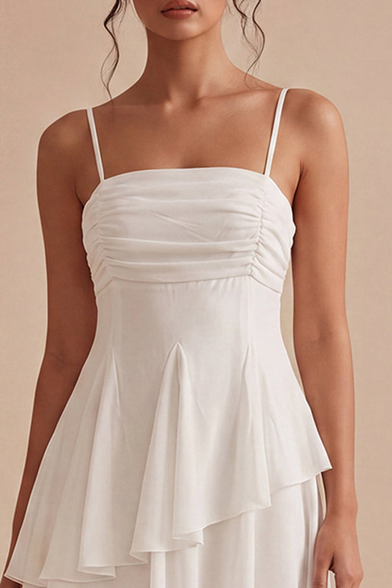 Load image into Gallery viewer, Ruched White Spaghetti Straps Asymmetrical A Line Graduation Dress with Ruffles