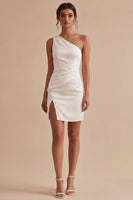 Load image into Gallery viewer, Tight Short Ruched One Shoulder White Graduation Dress with Slit