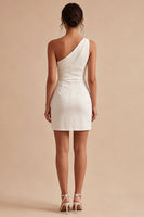 Load image into Gallery viewer, Tight Short Ruched One Shoulder White Graduation Dress with Slit
