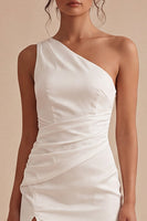 Load image into Gallery viewer, Tight Short Ruched One Shoulder White Graduation Dress with Slit