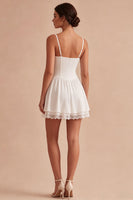 Load image into Gallery viewer, Spaghetti Straps Basque Waist Corset White Short A Line Graduation Dress with Lace