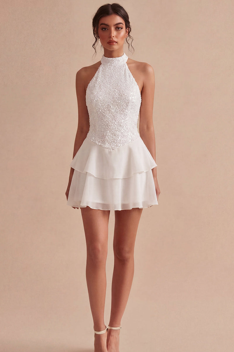 Load image into Gallery viewer, Sparkly White High Neck Sequin Short Graduation Dress with Ruffles
