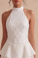 Load image into Gallery viewer, Sparkly White High Neck Sequin Short Graduation Dress with Ruffles