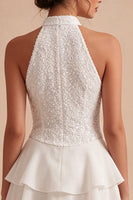 Load image into Gallery viewer, Sparkly White High Neck Sequin Short Graduation Dress with Ruffles