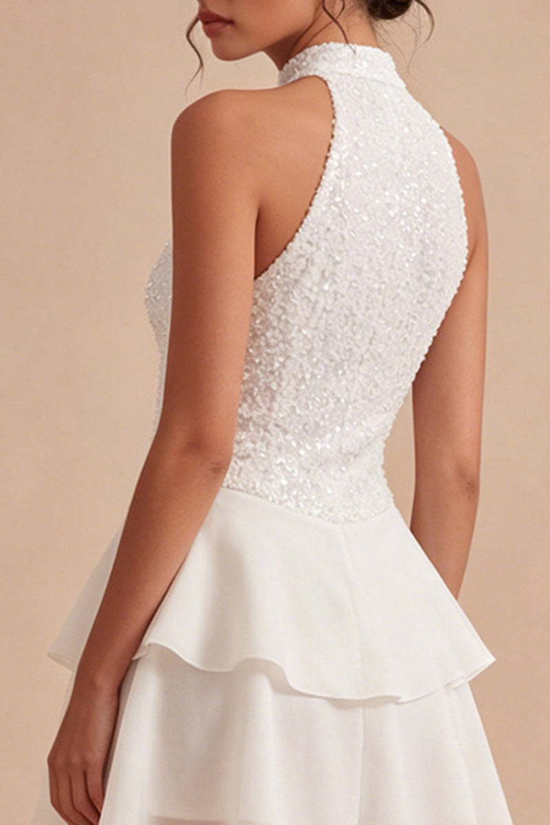 Load image into Gallery viewer, Sparkly White High Neck Sequin Short Graduation Dress with Ruffles