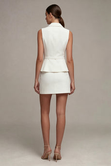 2 Piece White Notched Lapel Single Breasted Short Business Suits with Belt