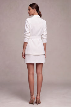 2 Piece Notched Lapel White Double Breasted Short Business Suits with Belt