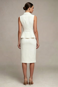 White 2 Piece Notched Lapel Midi Single Breasted Business Suits with Slit