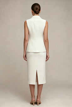 Single Breasted White Midi Notched Lapel 2 Piece Business Suits with Back Slit