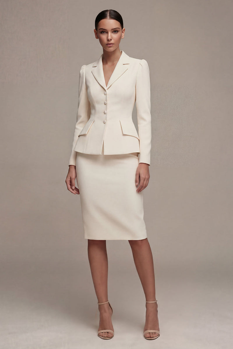 Load image into Gallery viewer, Single Breasted Ivory Long Sleeves 2 Piece Notched Lapel Midi Business Suits with Back Slit
