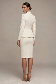 Single Breasted Ivory Long Sleeves 2 Piece Notched Lapel Midi Business Suits with Back Slit