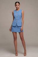 Load image into Gallery viewer, 2 Piece Steel Blue Round Neck Short Single Breasted Business Suits