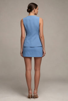 2 Piece Steel Blue Round Neck Short Single Breasted Business Suits