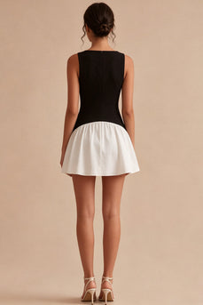 Bateau Neck A Line Black and White Cocktail Dress