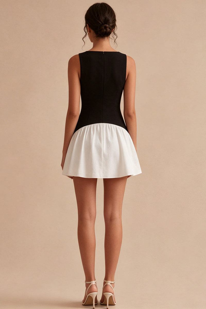 Load image into Gallery viewer, Bateau Neck A Line Black and White Cocktail Dress