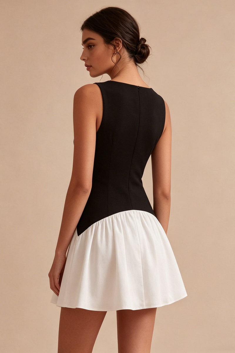 Load image into Gallery viewer, Bateau Neck A Line Black and White Cocktail Dress