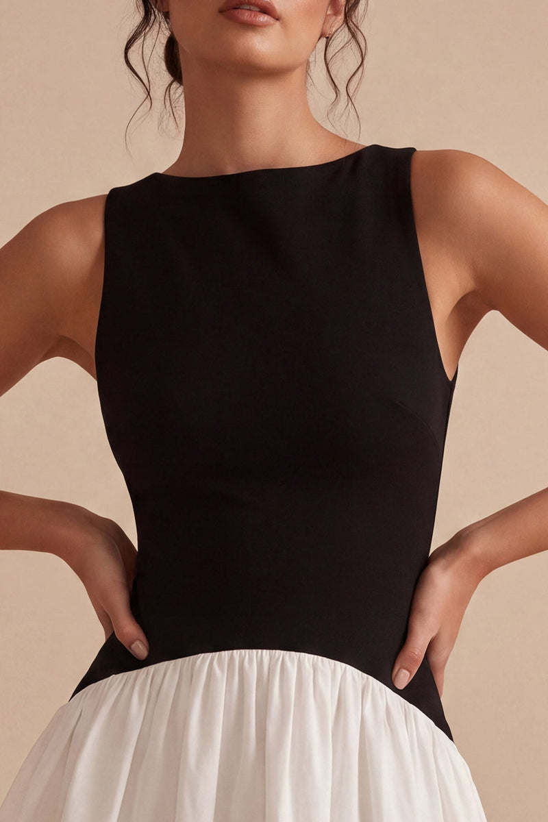 Load image into Gallery viewer, Bateau Neck A Line Black and White Cocktail Dress