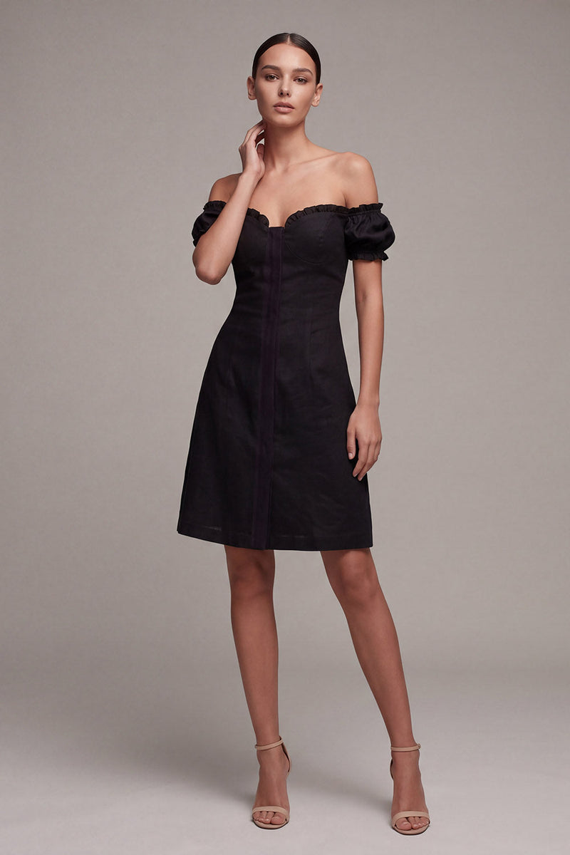 Load image into Gallery viewer, A Line Off the Shoulder Little Black Dress with Flounces