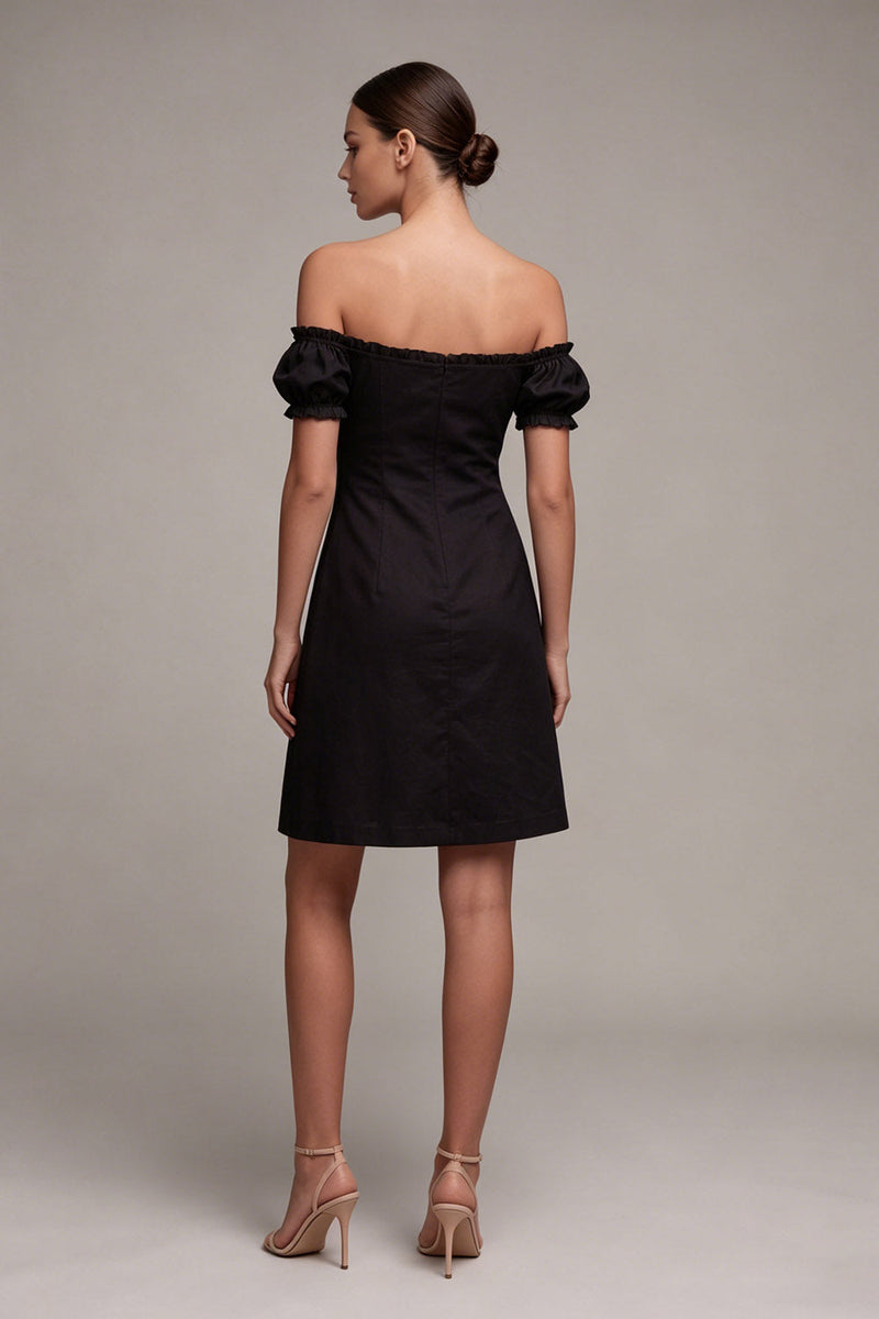 Load image into Gallery viewer, A Line Off the Shoulder Little Black Dress with Flounces