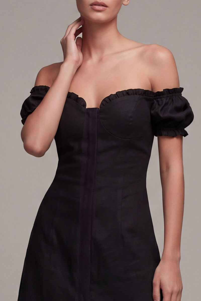 Load image into Gallery viewer, A Line Off the Shoulder Little Black Dress with Flounces