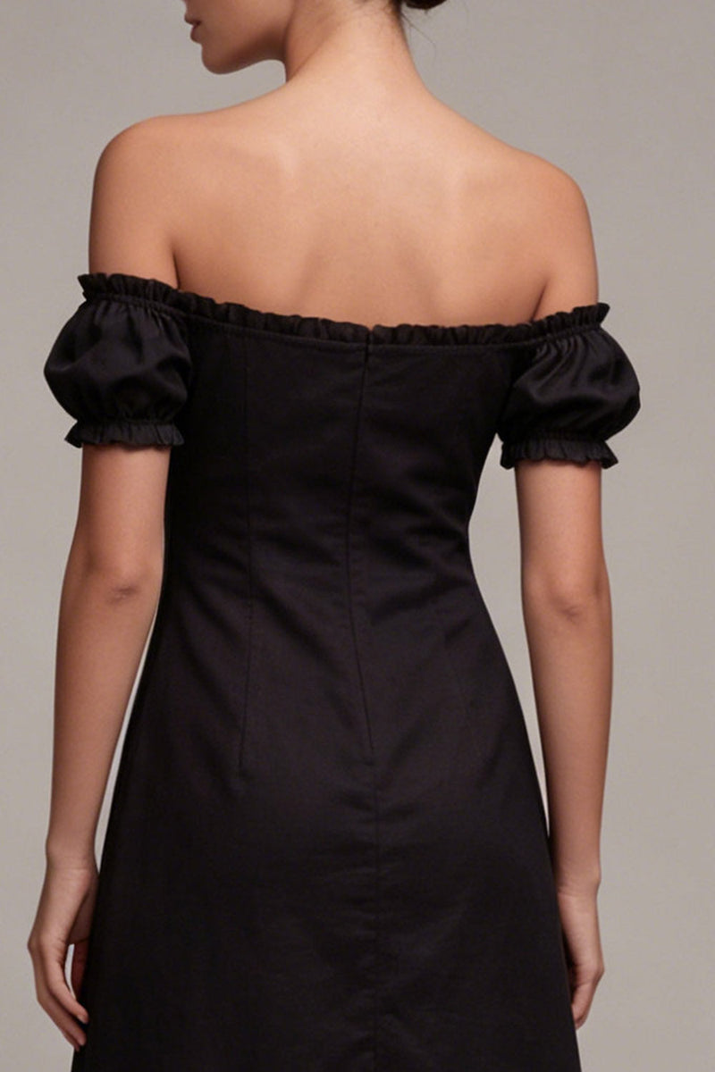Load image into Gallery viewer, A Line Off the Shoulder Little Black Dress with Flounces