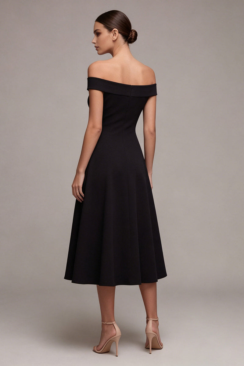 Load image into Gallery viewer, A Line Off the Shoulder Midi Little Black Dress