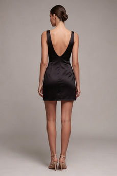 V-Neck Black Tight Backless Satin Little Black Dress