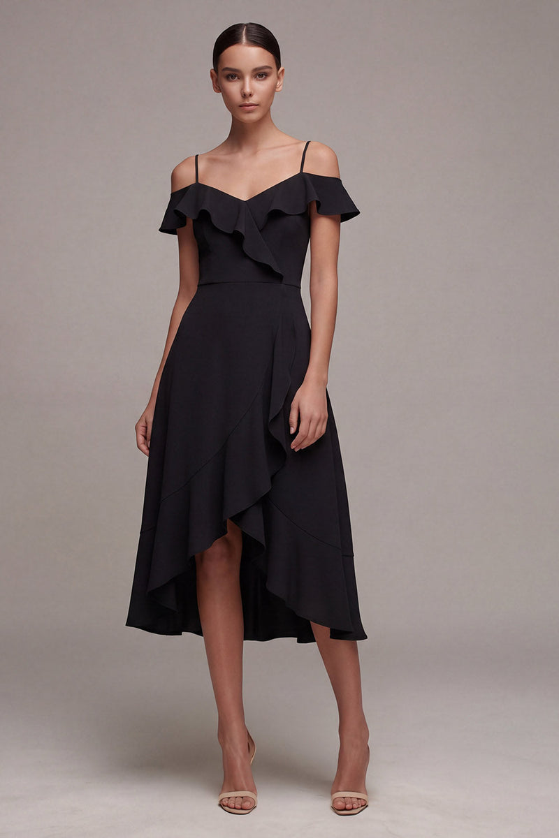 Load image into Gallery viewer, Cold Shoulder High Low A Line Little Black Dress with Ruffles