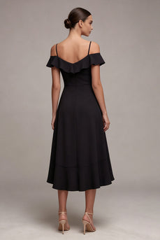 Cold Shoulder High Low A Line Little Black Dress with Ruffles