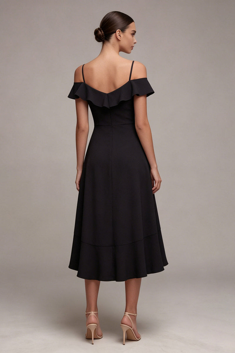 Load image into Gallery viewer, Cold Shoulder High Low A Line Little Black Dress with Ruffles