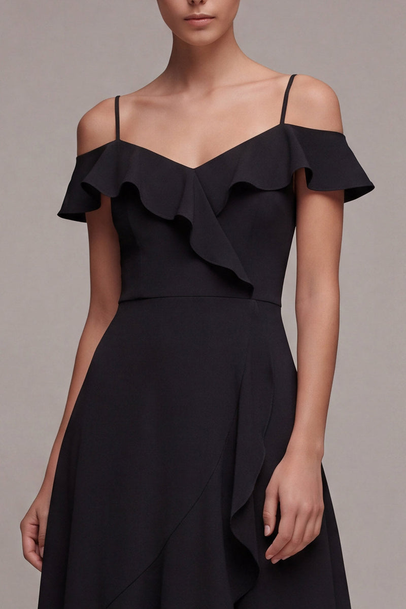 Load image into Gallery viewer, Cold Shoulder High Low A Line Little Black Dress with Ruffles