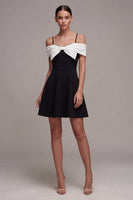Load image into Gallery viewer, Black and White A Line Cold Shoulder Cocktail Dress with Bow