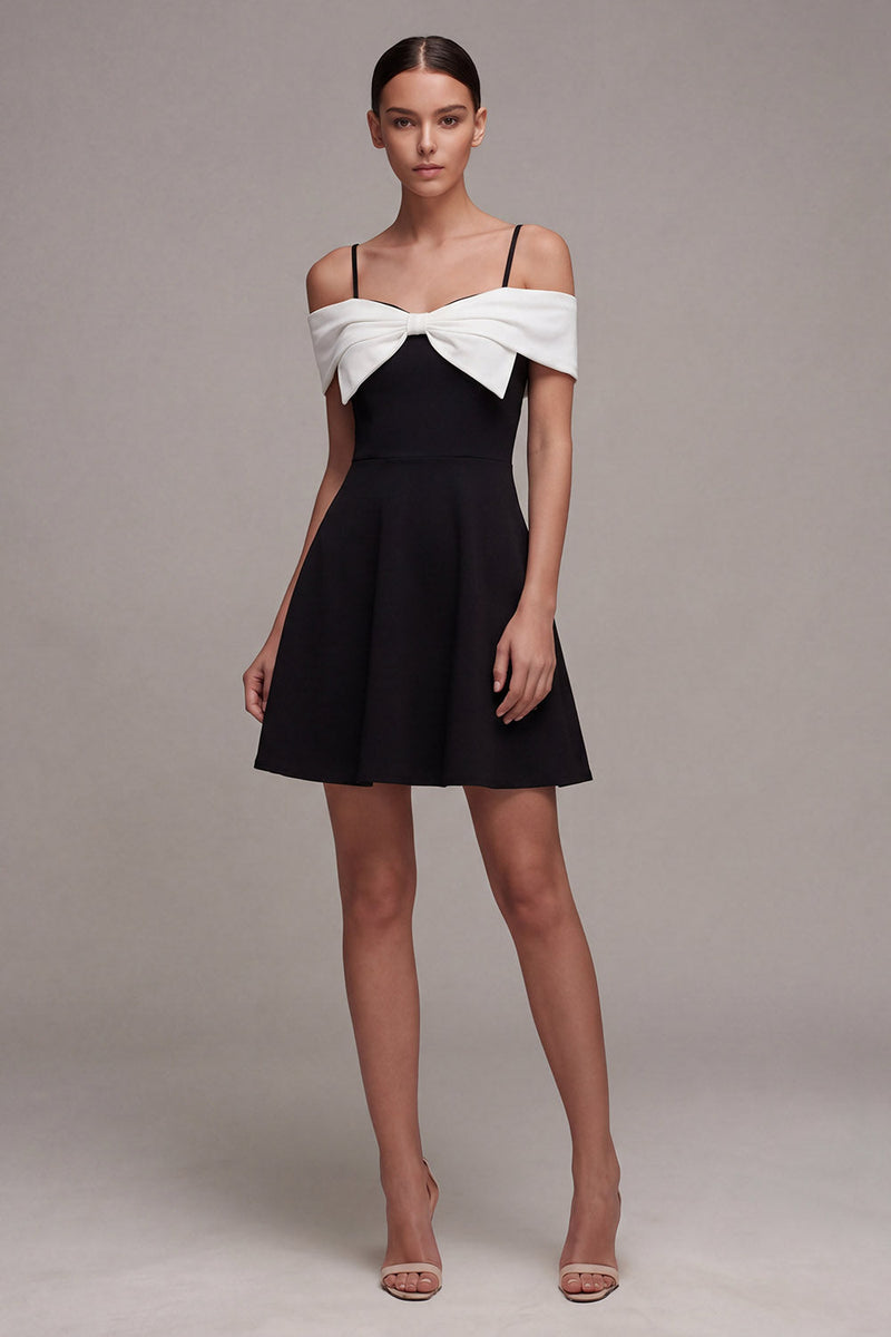 Load image into Gallery viewer, Black and White A Line Cold Shoulder Cocktail Dress with Bow