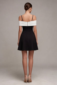 Black and White A Line Cold Shoulder Cocktail Dress with Bow