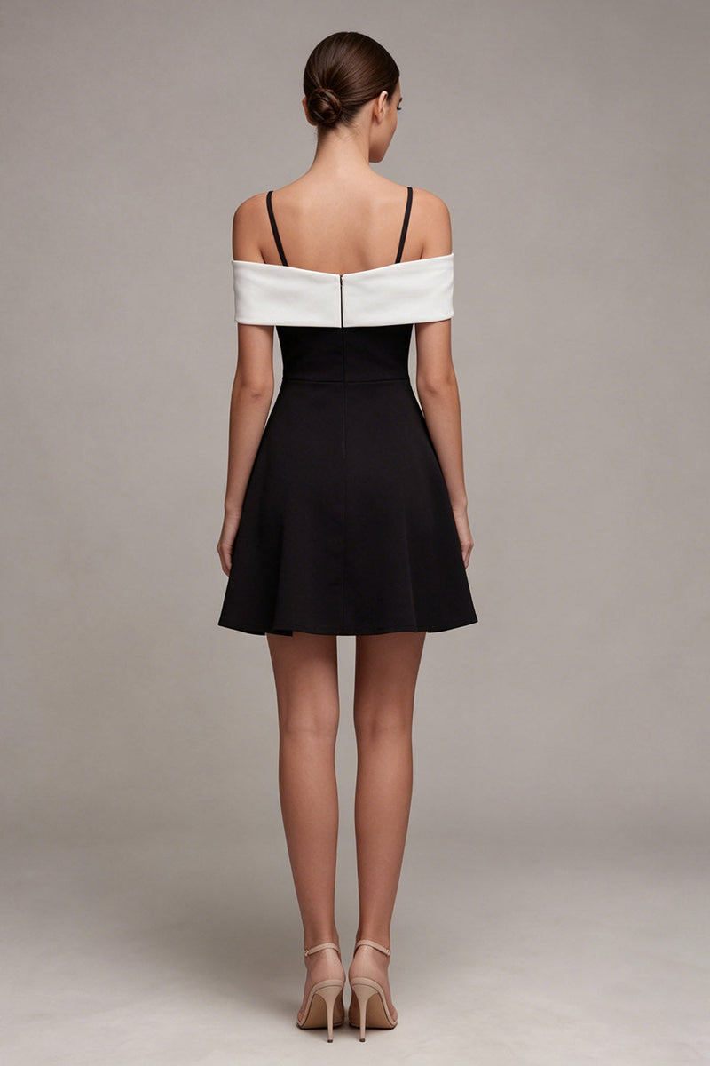 Load image into Gallery viewer, Black and White A Line Cold Shoulder Cocktail Dress with Bow