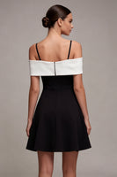 Load image into Gallery viewer, Black and White A Line Cold Shoulder Cocktail Dress with Bow