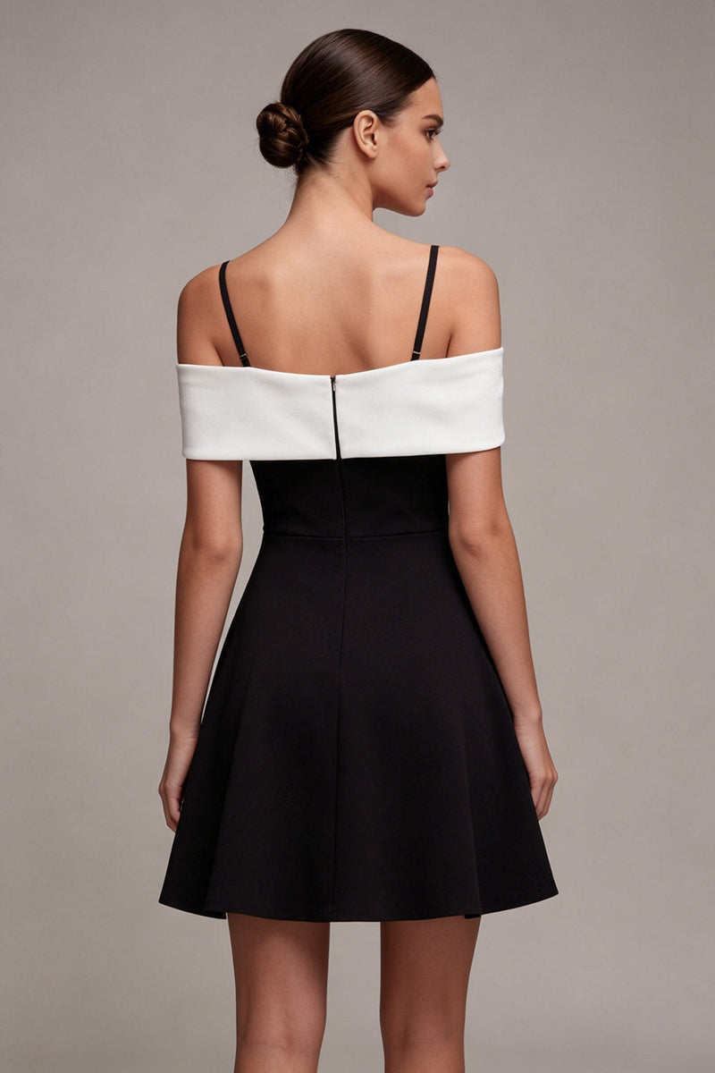Load image into Gallery viewer, Black and White A Line Cold Shoulder Cocktail Dress with Bow