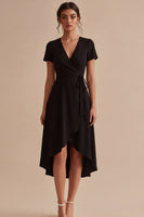 Load image into Gallery viewer, A Line High Low Short Sleeves V-Neck Little Black Dress with Pockets