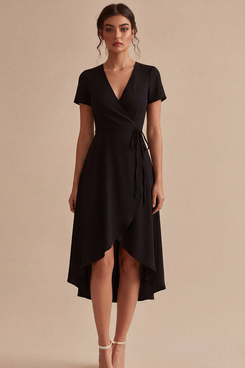 Load image into Gallery viewer, A Line High Low Short Sleeves V-Neck Little Black Dress with Pockets