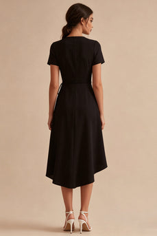 A Line High Low Short Sleeves V-Neck Little Black Dress with Pockets