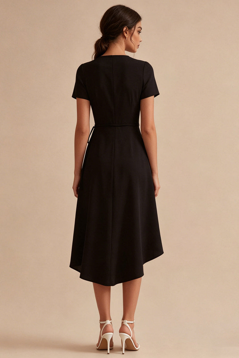 Load image into Gallery viewer, A Line High Low Short Sleeves V-Neck Little Black Dress with Pockets