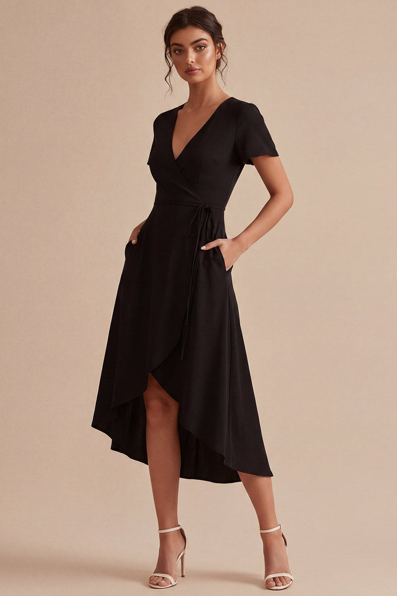 Load image into Gallery viewer, A Line High Low Short Sleeves V-Neck Little Black Dress with Pockets