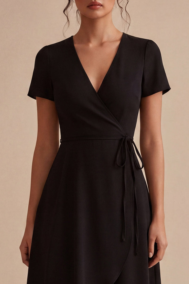 Load image into Gallery viewer, A Line High Low Short Sleeves V-Neck Little Black Dress with Pockets